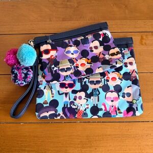 Disney Parks Hipster Mickey Minnie Mouse Wristlet Pouch Set Pom Pom